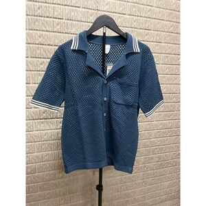 No Boundaries Mens Mesh Stitch Polo Sweater Navy Blue Knit Button Down XS 30-32